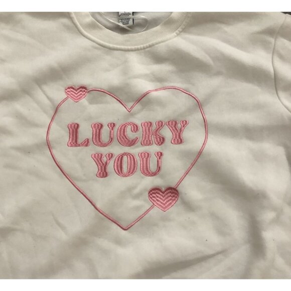 Better Together Womens Large Lucky You Heart Crewneck Sweatshirt White Pink - Picture 2 of 5